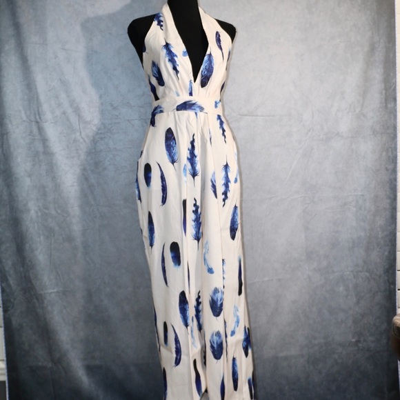 Halter Feather Long Pant Jumpsuit M - Picture 2 of 8
